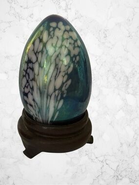 Glass Eye Studio MSH Signed Iridescent Sports Egg Shaped Paperweight 1987